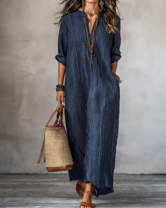 Robe Col En V Rayée Col Mock
