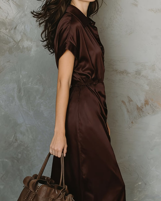 Robe Revers Élégant Chemise Midi