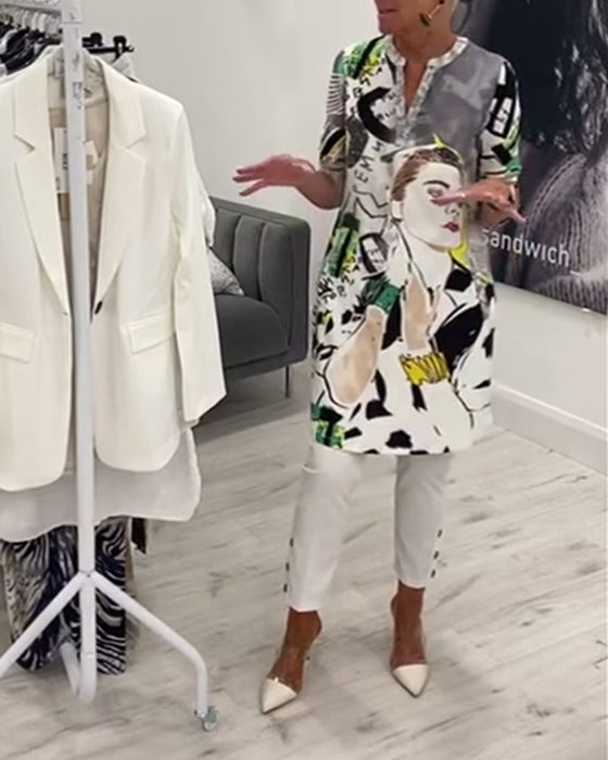 Haut long décontracté à boutons imprimés