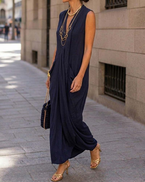 Robe Sans Manches Col V Poche