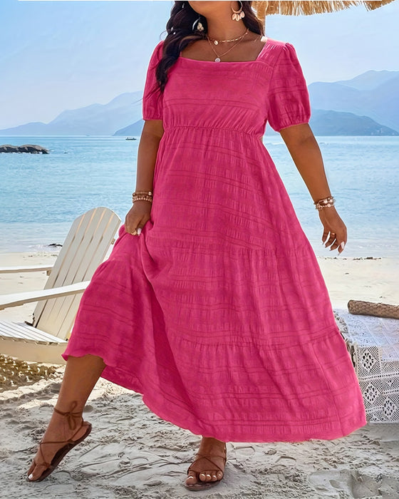 Robe Col Carré Ourlet A Manche Courte