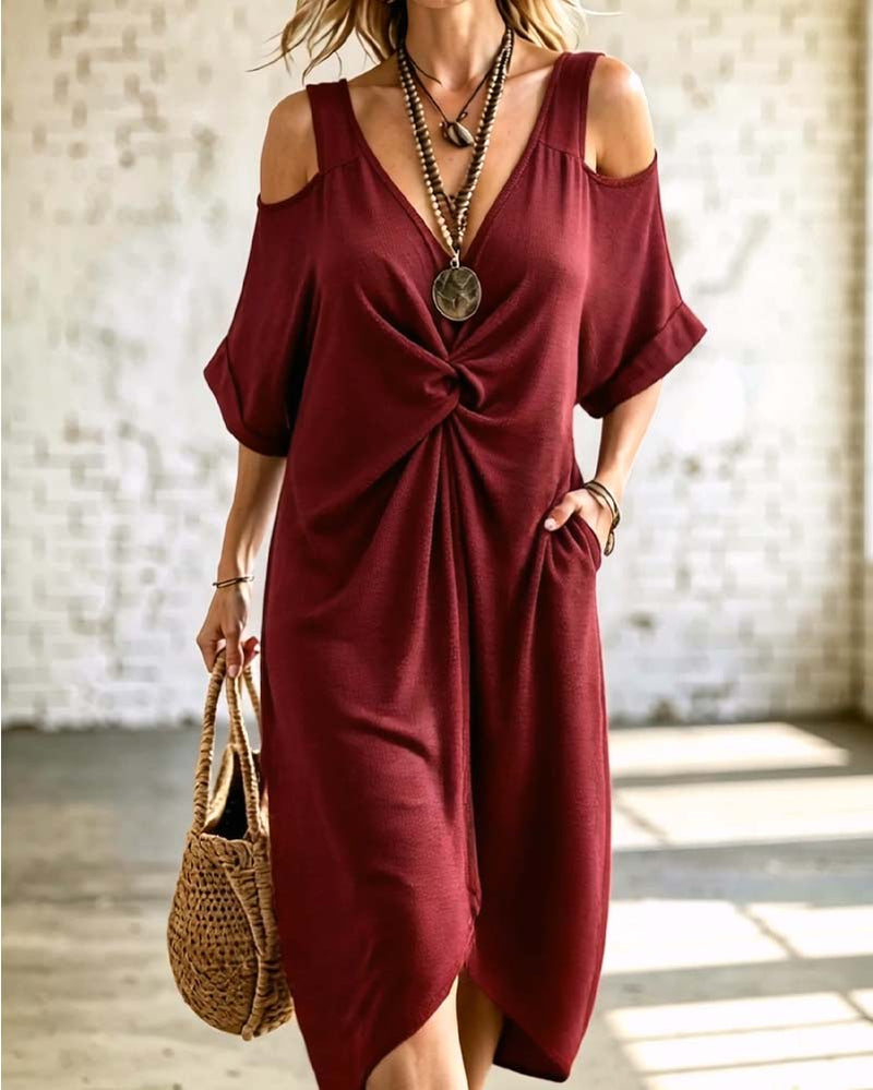 Robe Unie Épaule Dénudée Froncée