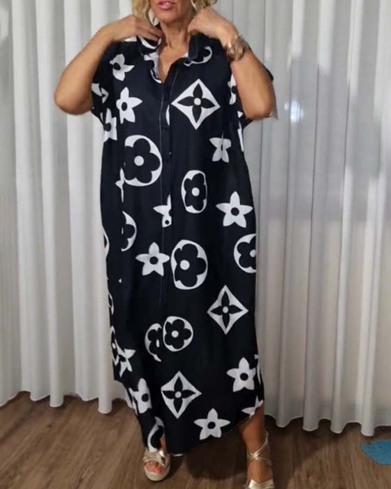 Robe décontractée avec boutons à revers et imprimé contrasté