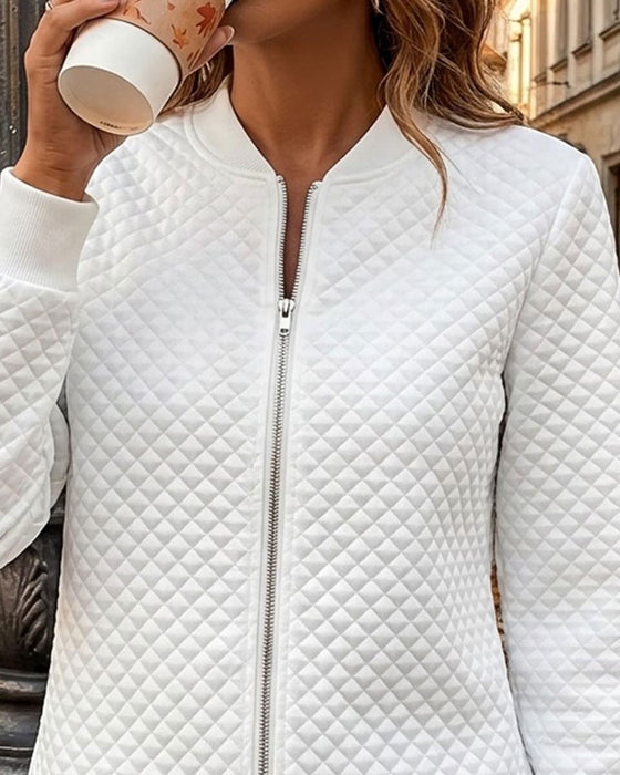 Manteau Matelassé Diamant Col Montant Fermeture Éclair