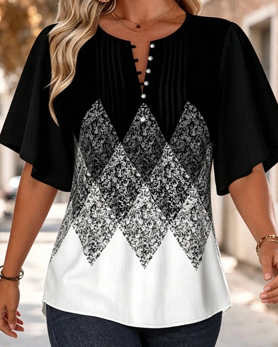 T-Shirt Col En V À Imprimé Dégradé Damier Diamant