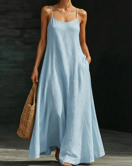 Robe Couleur Unie Bretelles Spaghetti Poche Longue