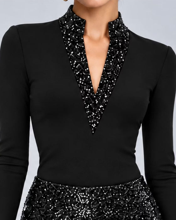Haut Col V Uni Slim Manches Longues