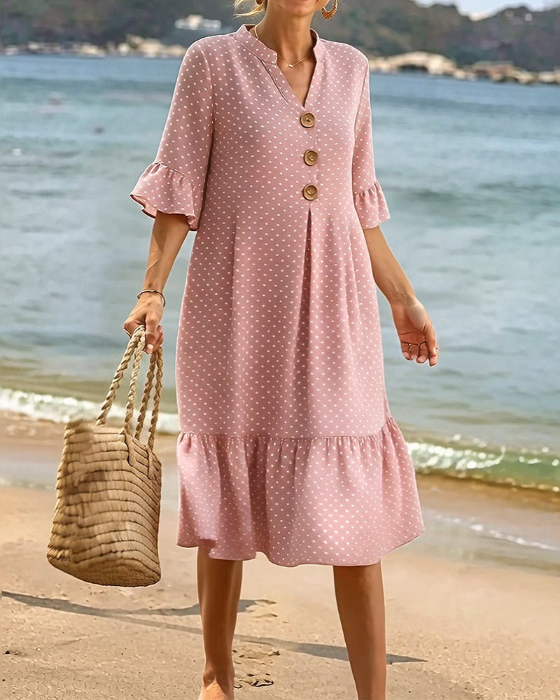 Robe Polka Dot Col V Volanté Manche