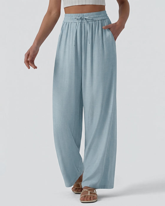 Pantalon Taille Élastique Jambe Large Attacher Décontracté