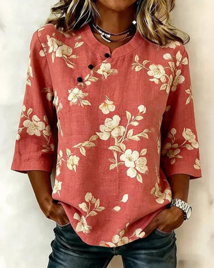 Blouse Imprimé Fleur Bouton Latéral Manche 3/4