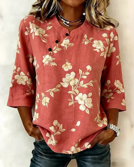 Blouse Imprimé Fleur Bouton Latéral Manche 3/4