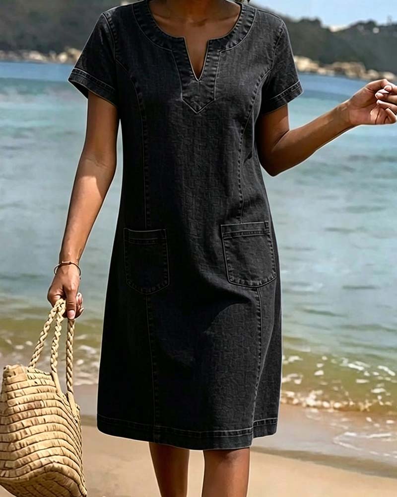 Robe Décontractée Fourreau Poche Petit Col En V