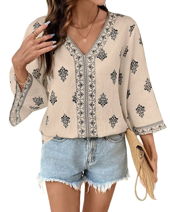 Blouse Col En V Ethnique Lâche