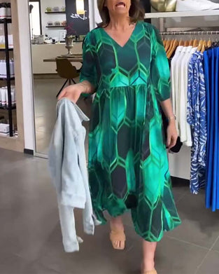 Robe imprimée col V manches trois-quarts