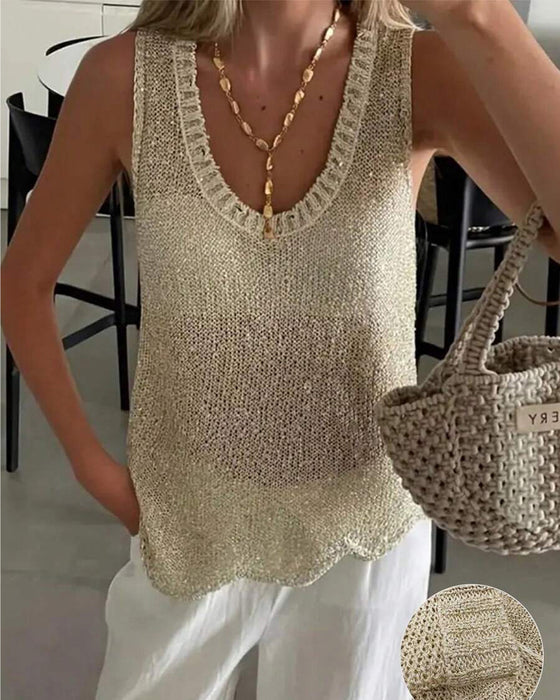Haut Sequin Sans Manches Encolure Ronde