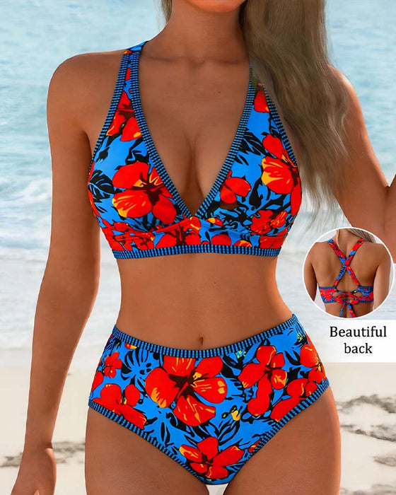 Bikini Florale Deep-V Taille-Haute
