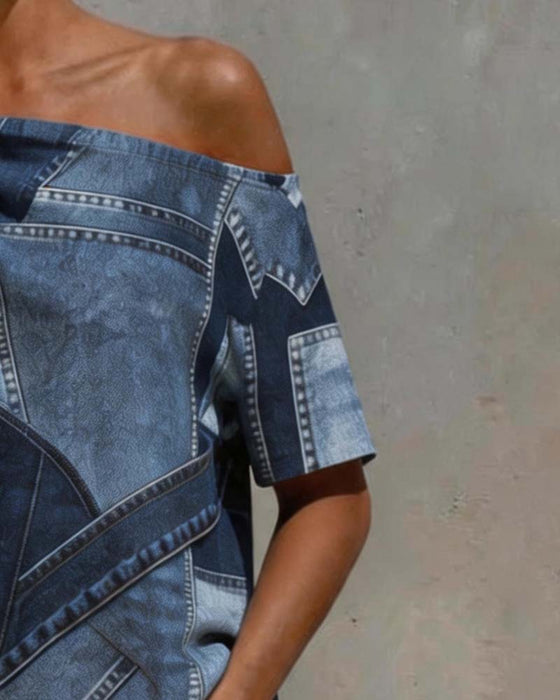 Blouse Une Épaule Twist Nœud Patchwork