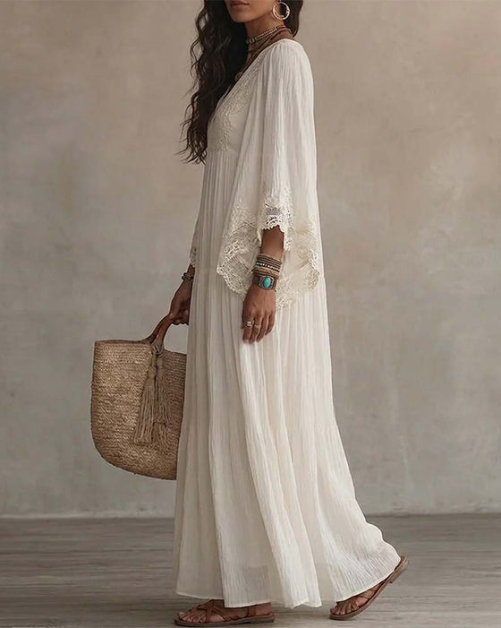 Robe Col V Dentelle Patchwork Unie