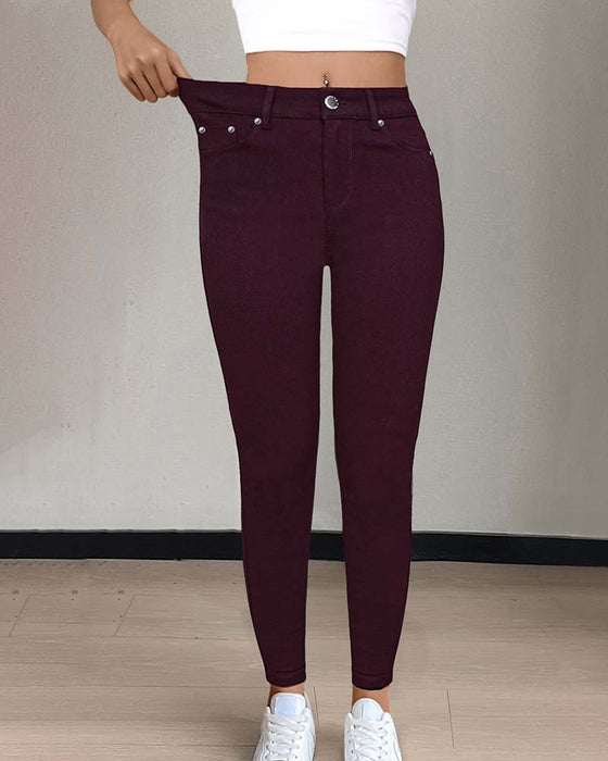 Pantalon Femmes Poche Unie Slim Décontracté