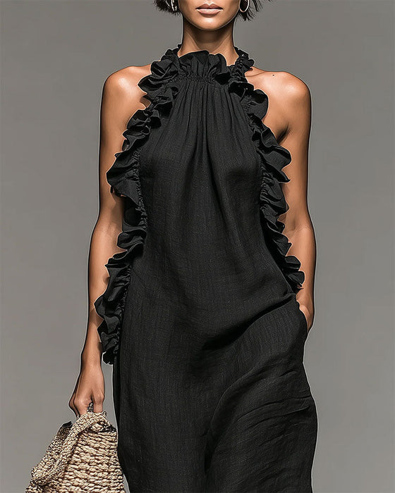 Robe Col Nuque Volantée Longue