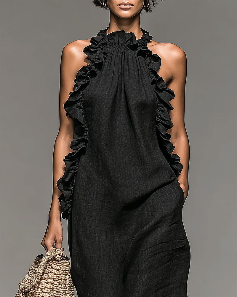 Robe Col Nuque Volantée Longue