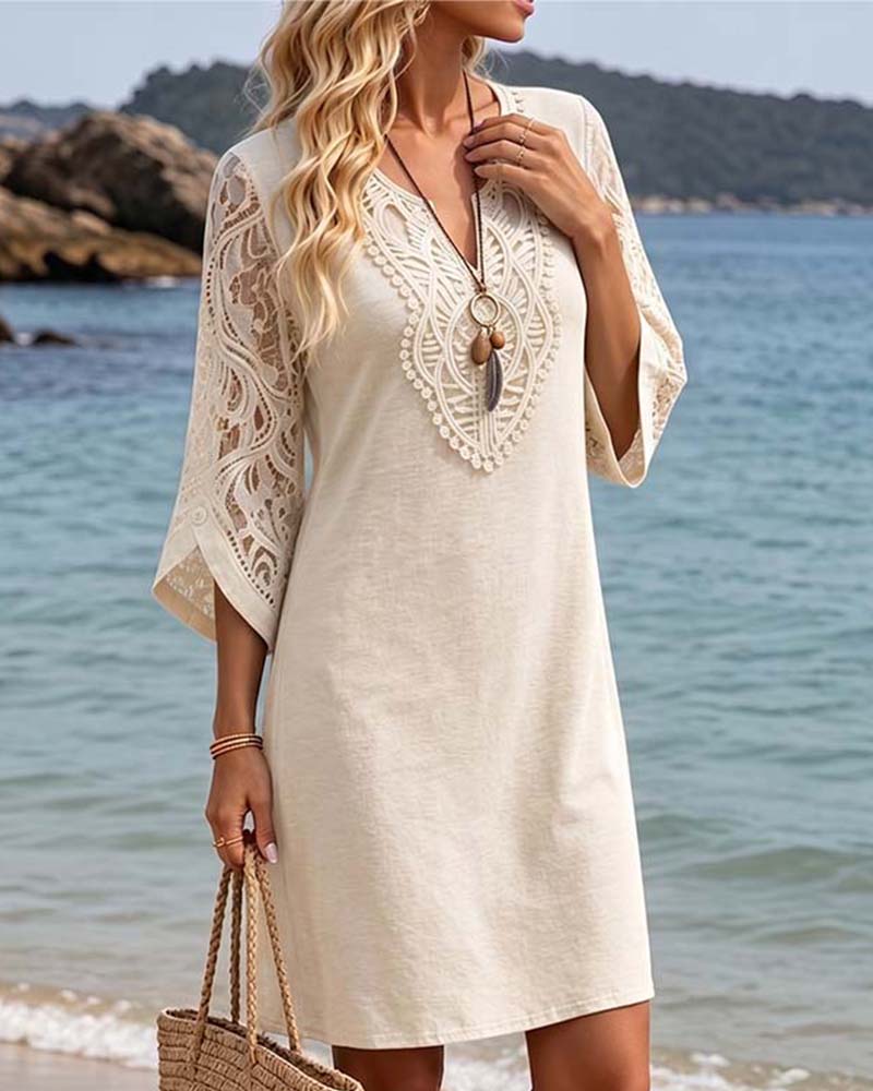 Robe Col-V Dentelle Uni