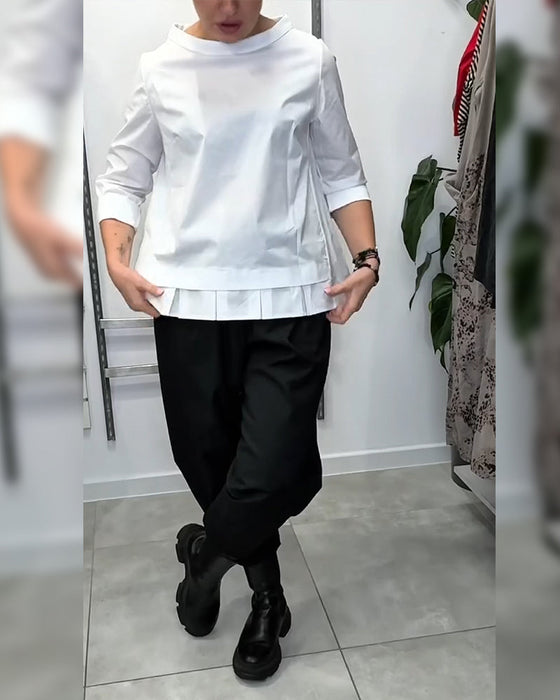 100% Coton Blouse Col Large Couleur Unie Décontracté