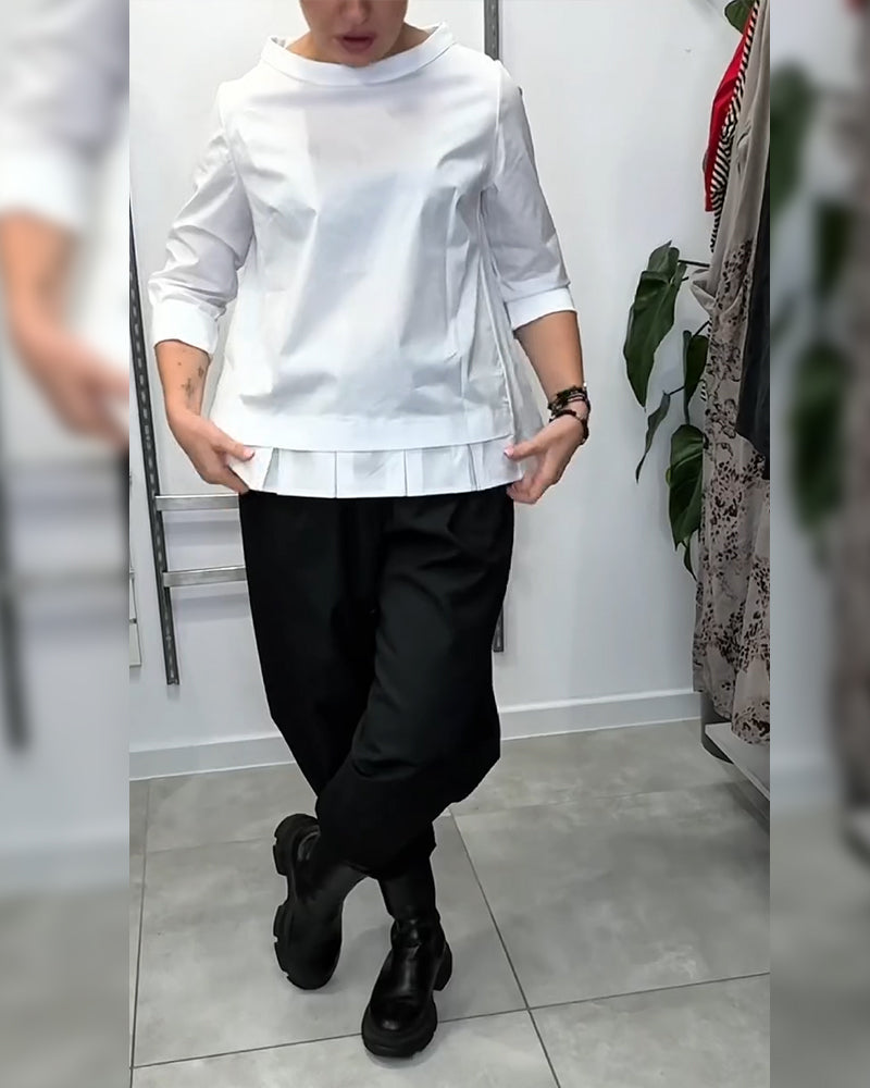 100% Coton Blouse Col Large Couleur Unie Décontracté