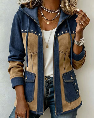 Manteau À Capuche Fermeture Éclair Denim Patchwork