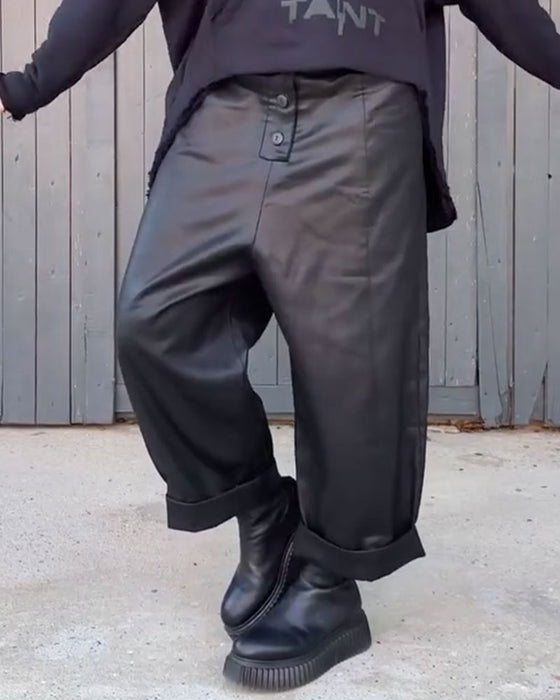 Pantalon Taille Haute Jambe Large Ourlet Roulé