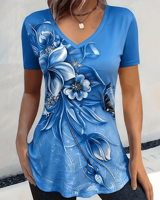 T-Shirt Floral Col V Manche Courte