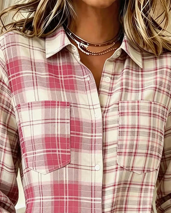 Chemise À Carreaux Bloc De Couleur Manches Longues