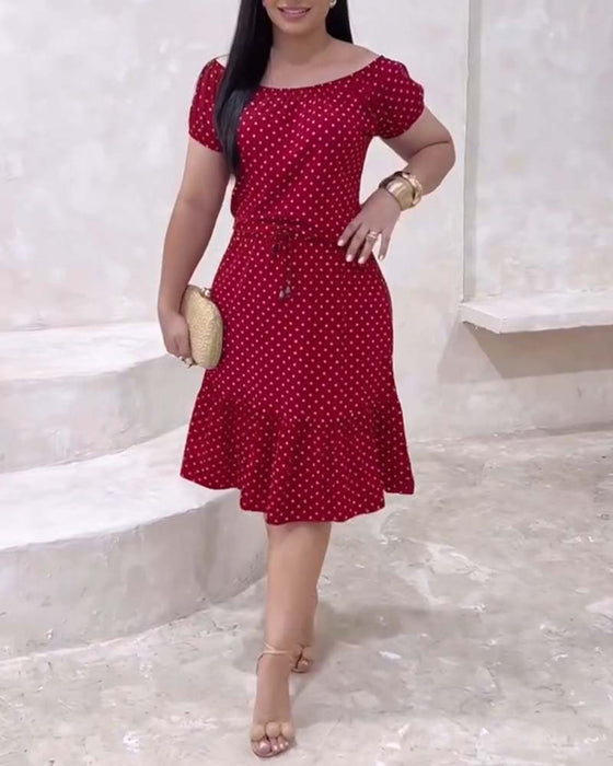 Robe À Pois Manches Courtes Ajustée Ligne A