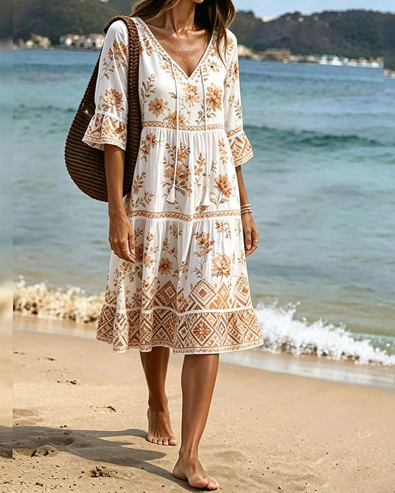 Robe Col V Patchwork Floral Vacances