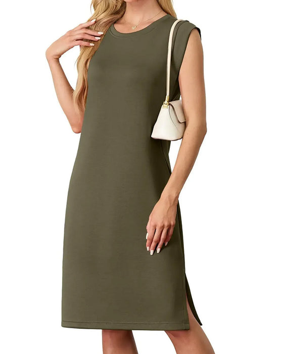 Robe Col Rond Sans Manches Fente Uni