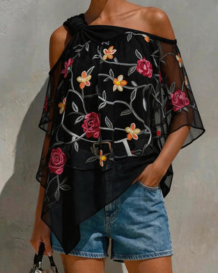 Blouse Mesh Rose Une Épaule Twist Nœud
