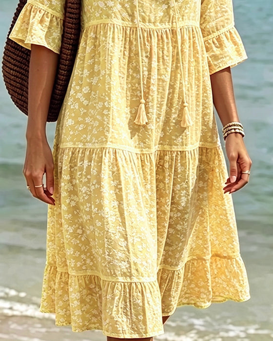 Robe Attacher Col En V Volant Fleuri Ligne A