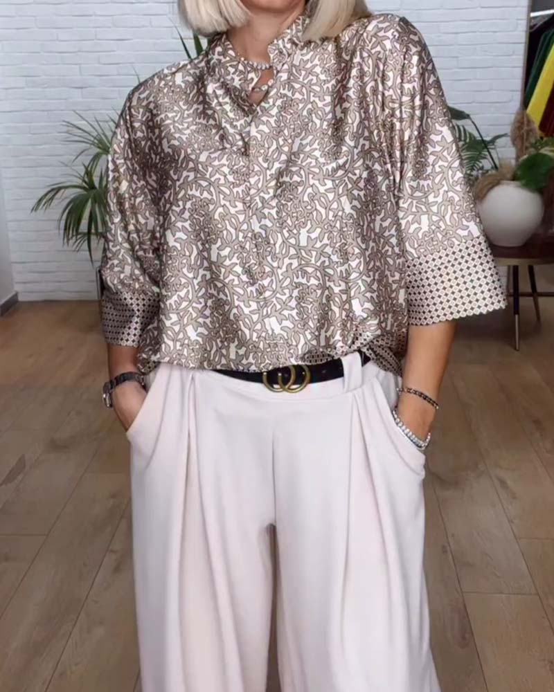 Blouse À Col Montant Et Satin Imprimé