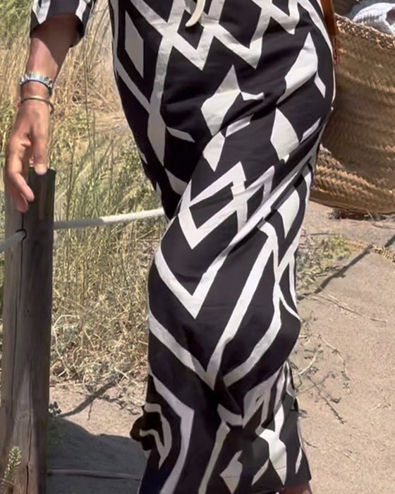 Robe Motif Diamant Col V Manche Mi-longue Grande Jupe
