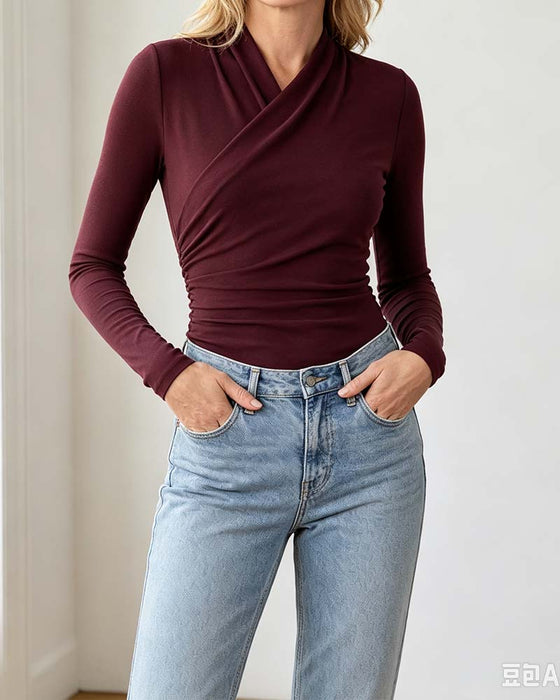 Haut Croisé Col En V Taille Plissée Manches Longues