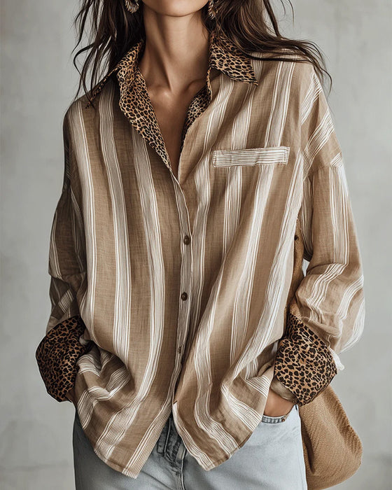 Chemise Décontractée Col Chemise Léopard Rayure