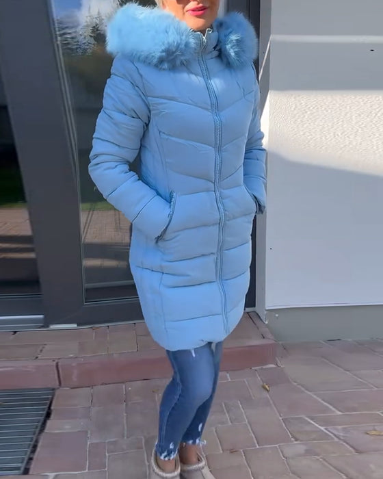 Veste matelassée décontractée à capuche avec poche zippée et couleur unie