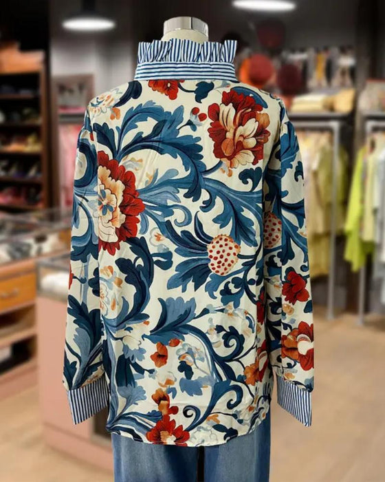 Blouse Vintage Fleurie Patchwork Rayée Col