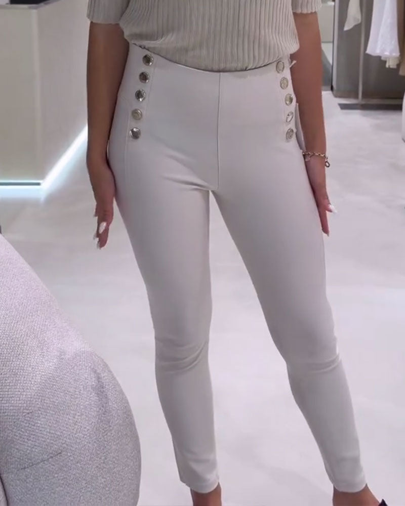 Pantalon Taille Haute Bouton Latéral Stretch