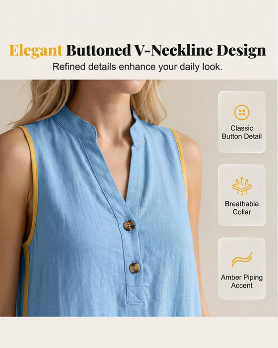 Robe Col Monté Bouton Patchwork Sans Manche