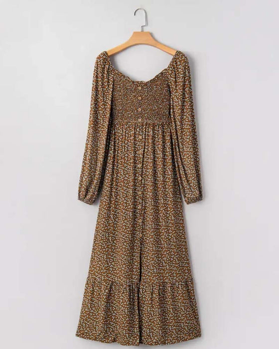 Robe Florale Col Carré Manche Longue Maxi