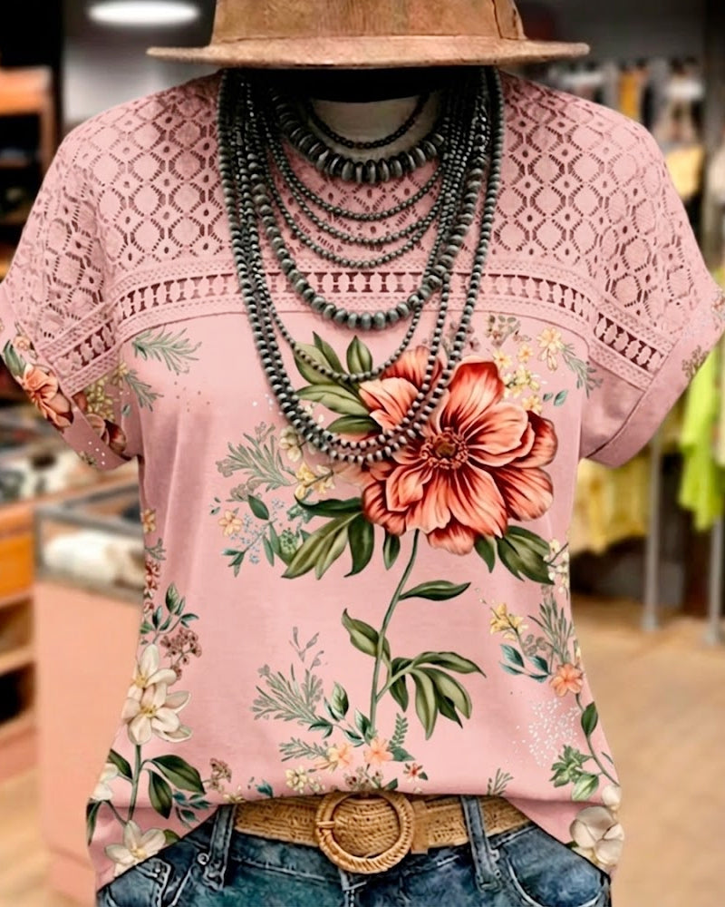 T-Shirt Découpé Patchwork Manches Courtes