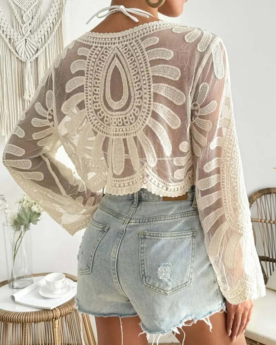 Blouse Manches Longues Transparente Courte Cache-Cœur