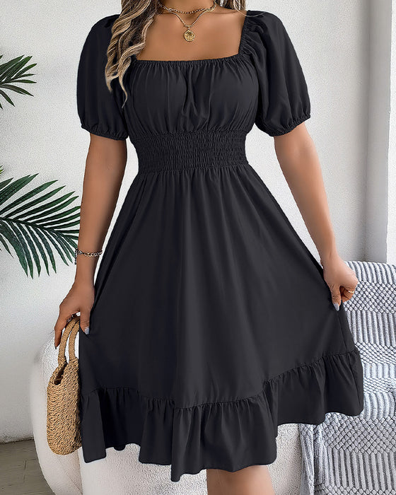 Robe Col Carré Taille Cintrée Volant Ligne A