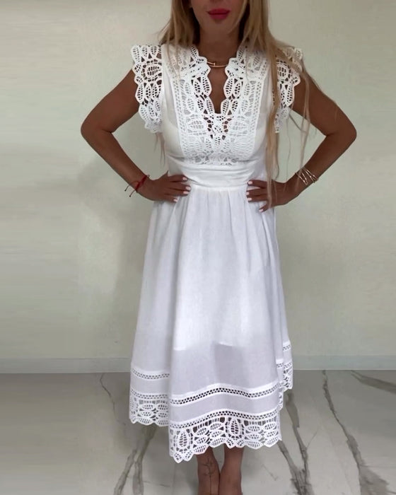 Robe élégante sans manches en dentelle de couleur unie à col en V